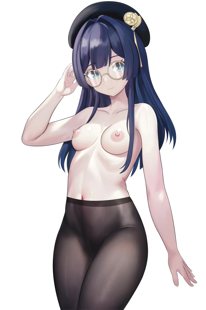 honkai (series), honkai: star rail, pela (honkai: star rail), 1girls, blue hair, breasts, female, glasses, long hair, nipples, pantyhose, solo, topless