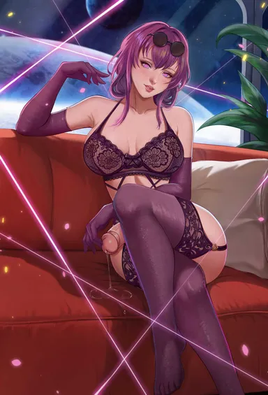 exlic, honkai: star rail, mihoyo, kafka (honkai: star rail), 1futa, big breasts, big penis, breasts, clothed, clothing, couch, crossed legs, detailed background, elbow gloves, erection, futa only, futanari, gloves, human, light skin, light-skinned futanari, lingerie, medium hair, mostly nude, penis, purple hair, sitting, solo, sunglasses, sunglasses on head, thighhighs, lowres