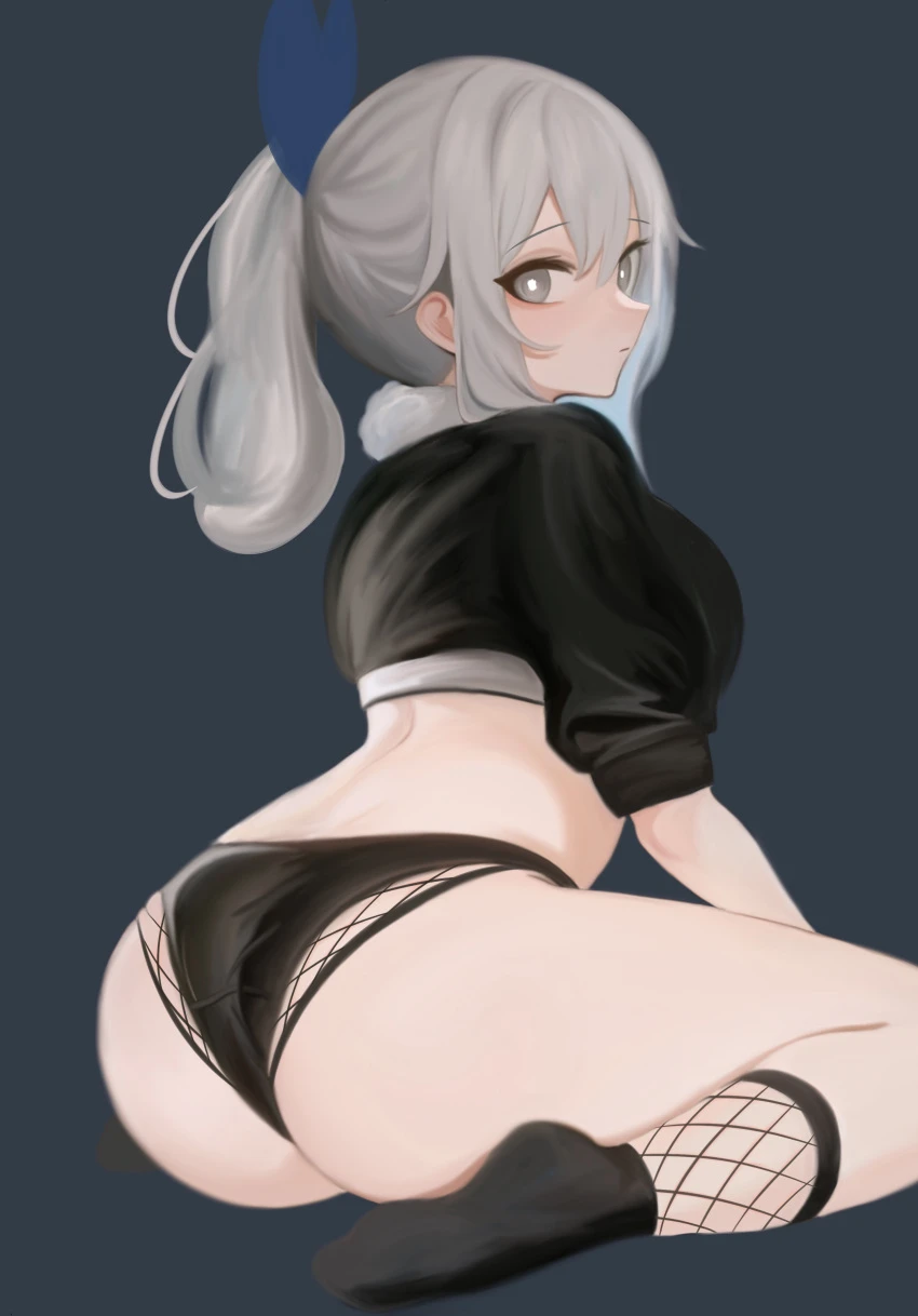 artist request, honkai: star rail, silver wolf (honkai: star rail), big ass, dark gray background, expressionless, fishnet legwear, fishnet pantyhose, fishnets, looking at viewer, white eyes, white hair, woman, artist name