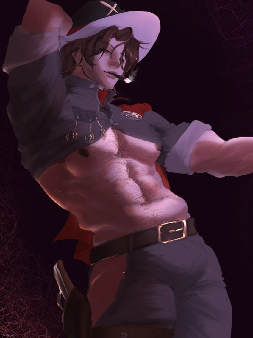 honkai: star rail, gallagher (honkai: star rail), bara, clothing, hairy chest, male, male nipples, male only, manly, mature male, muscular male, nipples, tight clothing