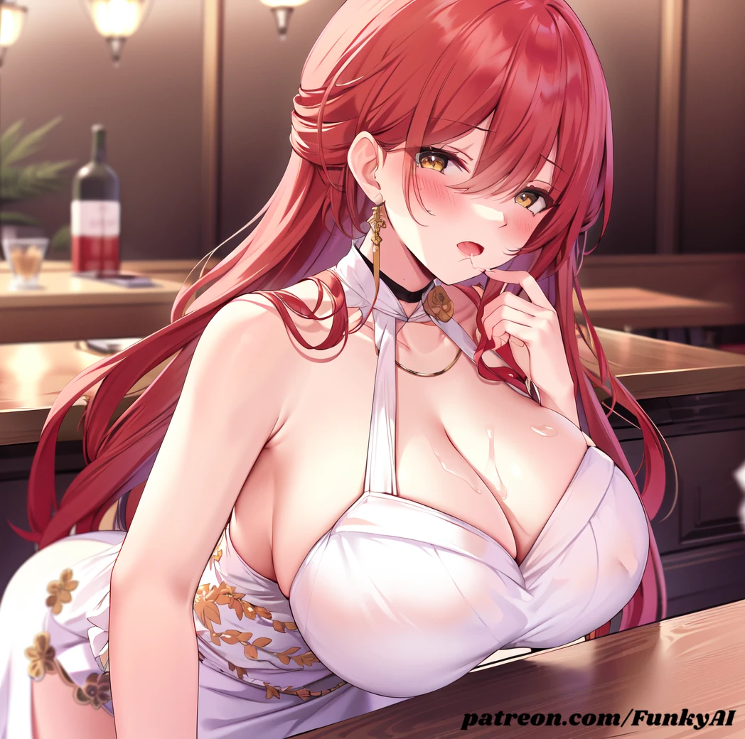 funkylewdai, honkai: star rail, himeko (honkai: star rail), big breasts, breasts, dress, red hair, white dress, yellow eyes