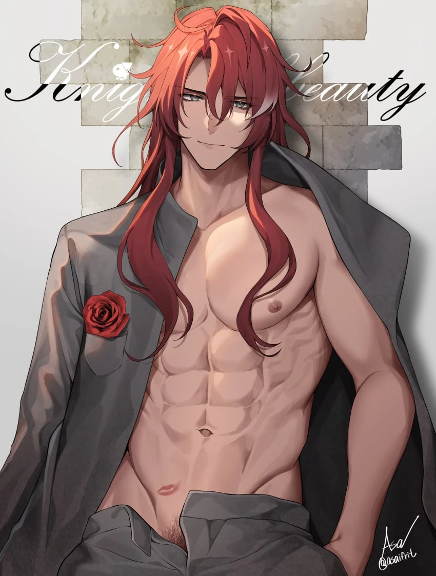 asaifrit, honkai: star rail, argenti (honkai: star rail), 1boy, abs, gay, happy trail, kiss mark, long hair, muscular, muscular male, pubic hair, red hair, rose, undone shirt, unzipped pants, yaoi, cover page