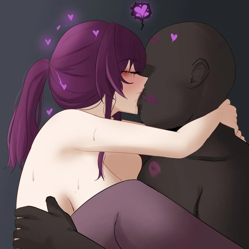 lord dante, honkai: star rail, kafka (honkai: star rail), big breasts, closed eyes, dark-skinned male, fat man, holding, hug, interracial, kiss mark, kissing, lifted, light-skinned female, lipstick, lipstick mark, purple hair, saliva drip, saliva trail, ugly bastard, ugly man