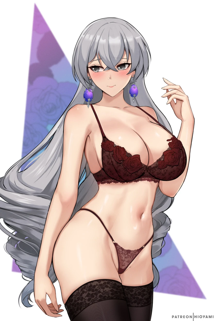 hioyami, honkai: star rail, bronya rand, 1girls, lingerie, long hair, looking at viewer, panties, seductive look, silver hair, absurd res, hi res