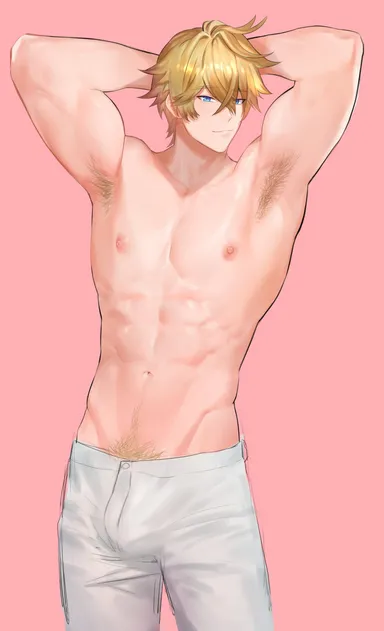 0vv0b, honkai (series), honkai: star rail, gepard (honkai: star rail), abs, armpit hair, armpits, blonde hair, blue eyes, body hair, bulge, happy trail, muscular, muscular male, pants, pubic hair, smirk, solo male