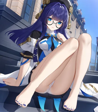 wu ganlan cai, honkai (series), honkai: star rail, pela (honkai: star rail), barefoot, blue eyes, blue hair, dark blue hair, feet, female, glasses, light blush, long hair, looking at viewer, panties, pantyshot, parted lips, pussy, pussy visible through clothes, pussy visible through panties, toes, underwear, wet pussy, absurdres, highres