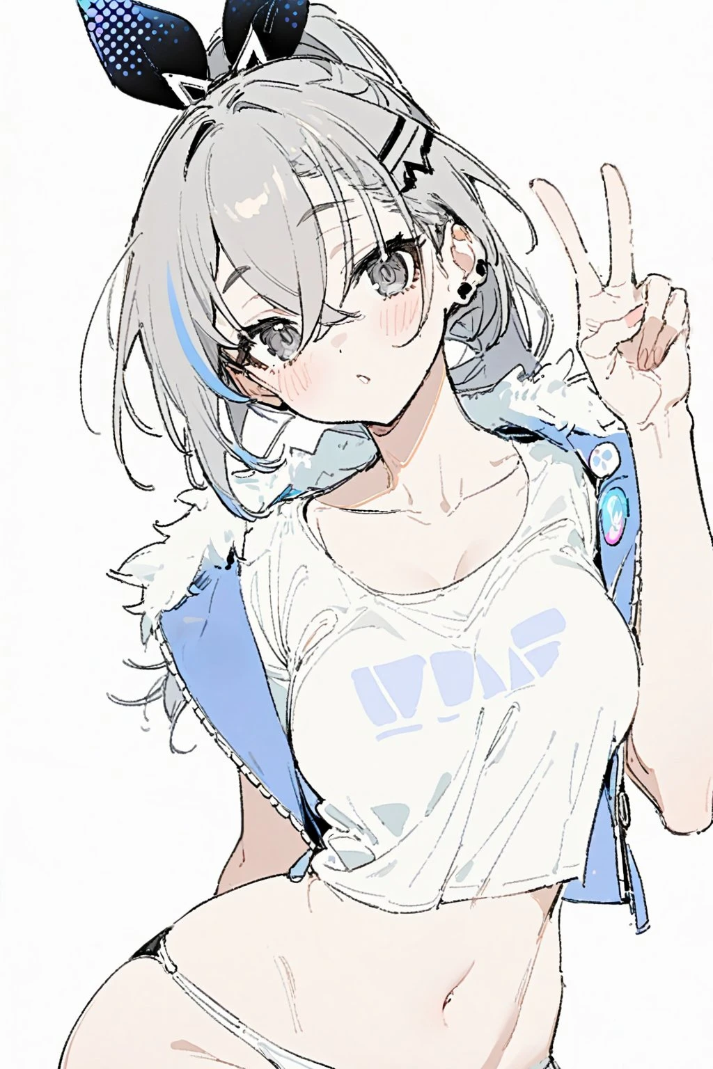 honkai (series), honkai: star rail, silver wolf (honkai: star rail), arm behind back, bikini bottom, blush, collarbone, crop top, ear piercing, fit female, head ornament, jacket, kami kuro8, light blush, looking at viewer, medium breasts, multicolored hair, narrow waist, open mouth, out of frame, pale skin, pale-skinned female, panties, peace sign, stomach, streaked hair, tied hair, wide hips, ai generated, no sex