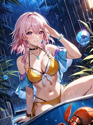 honkai (series), honkai: star rail, hoyoverse, march 7th (honkai: star rail), 1girls, bikini, pink hair, raining, ai generated, tagme