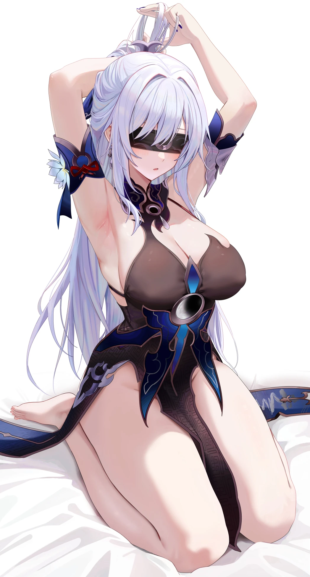 ru zhai, honkai (series), honkai: star rail, jingliu (honkai: star rail), 1girls, armpits, arms up, bare breasts, eyes covered, kneeling, legs together, light skin, light-skinned female, long hair, simple background, solo, thighs, white hair, 2023, hi res