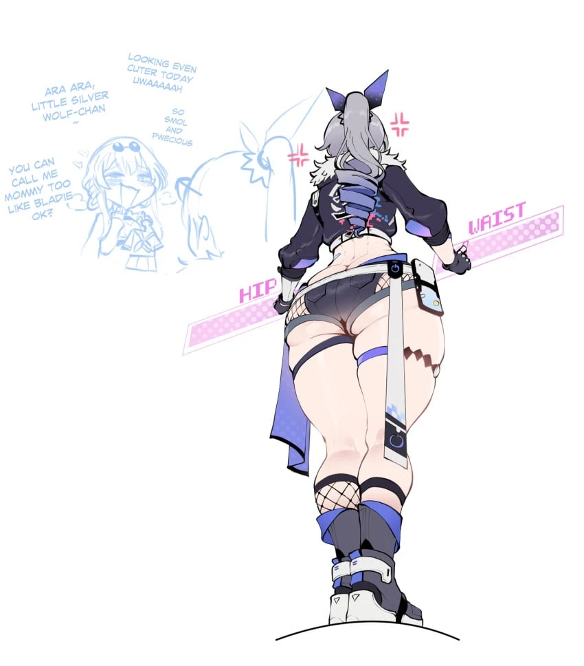 thiccwithaq, honkai (series), honkai: star rail, kafka (honkai: star rail), silver wolf (honkai: star rail), 2girls, anger vein, ass, ass expansion, boots, bottom heavy, butt crack, expansion, female focus, female only, grey hair, hip expansion, hips, huge ass, huge hips, huge thighs, human, ponytail, short shorts, shorts, silver hair, solo, solo focus, sunglasses, sunglasses on head, thick thighs, thigh expansion, thighs, white background, wide hips, 2023