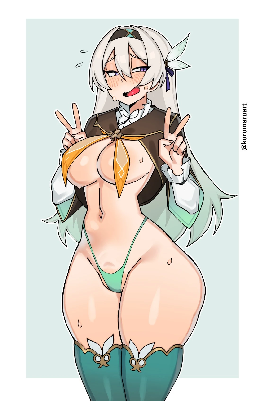 kuromaruart, honkai: star rail, firefly (honkai: star rail), 1girls, blush, blush lines, blushing, breasts, covered nipples, double peace sign, embarrassed, female, female only, large breasts, looking away, nervous, nervous smile, open mouth, peace sign, pointy chin, puffy pussy, skindentation, solo, sweat, sweatdrop, sweating, sweaty, thick thighs, thighhighs, thighs, thong, white background, white hair, wide hips, hi res