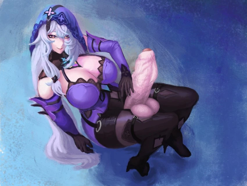 paintman, honkai: star rail, black swan (honkai: star rail), 1futa, floating, futa only, futanari, gradient eyes, gradient hair, heeled boots, large breasts, large penis, long hair, long penis, looking at viewer, looking up, pale skin, pale-skinned futanari, sleeves, smile, smiling, smiling at viewer, solo, solo focus, thick penis, thick thighs, thighhighs, thighs, veil, veiny penis, violet eyes, white hair, tagme