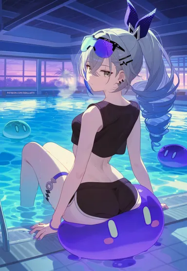 honkai (series), honkai: star rail, silver wolf (honkai: star rail), 1girls, ass, drill hair, female, from behind, pool, poolside, sitting, slime, ai generated