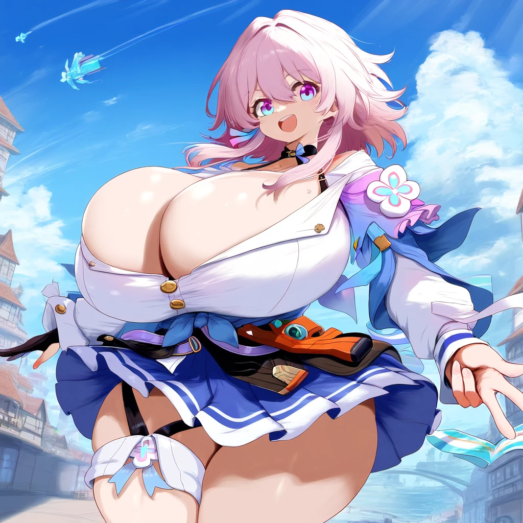 ameanon, honkai: star rail, mihoyo, march 7th (honkai: star rail), big breasts, breasts, breasts bigger than head, cleavage, huge breasts, large breasts, looking at viewer, peace sign, pink hair, single glove, skirt, smile, thick thighs, thigh strap, ai generated