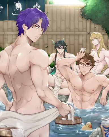 honkai: star rail, dan heng, luocha (honkai: star rail), welt yang (honkai: star rail), 4boys, abs, bishonen, dr ratio (honkai: star rail), gay, male, male only, multiple boys, onsen, pecs, streaming body, towel, towel around waist, towel only, yaoi