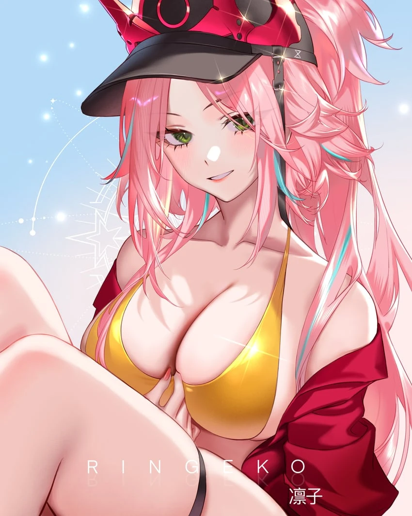 ringeko-chan, honkai (series), honkai: star rail, rappa (honkai: star rail), breasts, golden bikini, green eyes, pink hair