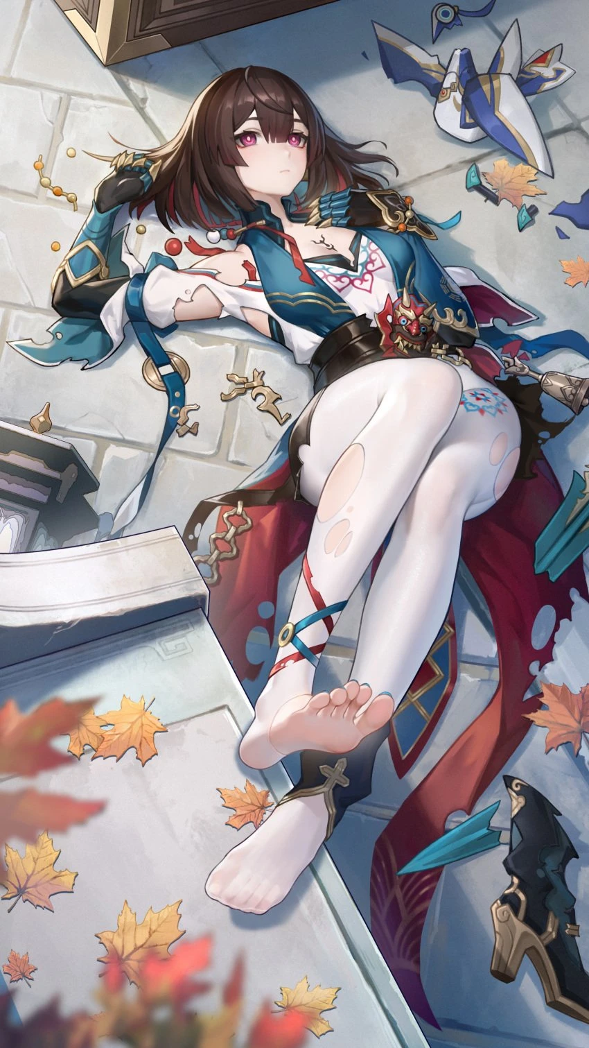 hle, le (huanglongen), honkai (series), honkai: star rail, hoyoverse, mihoyo, xueyi (honkai: star rail), arms up, blue nail polish, blue nails, blue toenails, brown hair, covered heel, feet, feet in stockings, female, foot fetish, foot fetish with legwear, gloves, half dressed, half naked, heel, imminent rape, laying down, legs, legwear, pantyhose, perfect feet, pink feet, red eyes, red hair, ruined clothes, soles, soles of feet in socks, stirrup legwear, stirrup socks, stirrup stockings, stirrups, stockings, thorns, toenail polish, toenails, toes, white legwear, white pantyhose