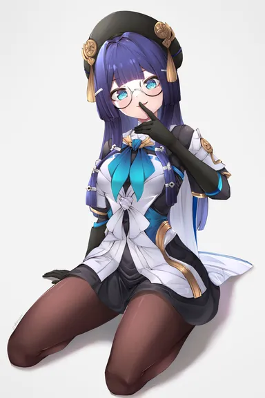 honkai (series), honkai: star rail, mihoyo, pela (honkai: star rail), black gloves, black headwear, blue eyes, blue hair, blue neckerchief, female, finger to mouth, glasses, gloves, long hair, neckerchief, pantyhose, round eyewear, shironagase, simple background, skirt, solo, tassel hat ornament, white background, absurdres, highres