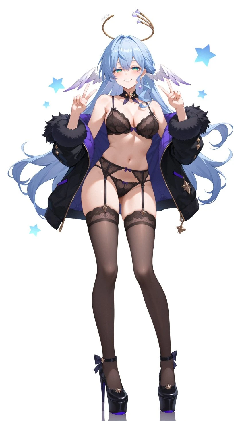 honkai: star rail, robin (honkai: star rail), 1girls, angel wings, blue hair, bra, breasts, double peace sign, garter belt, garter straps, green eyes, jacket, lingerie, looking at viewer, navel, open jacket, panties, peace sign, smile, solo, thighhighs, v, ai generated, nai diffusion, stable diffusion