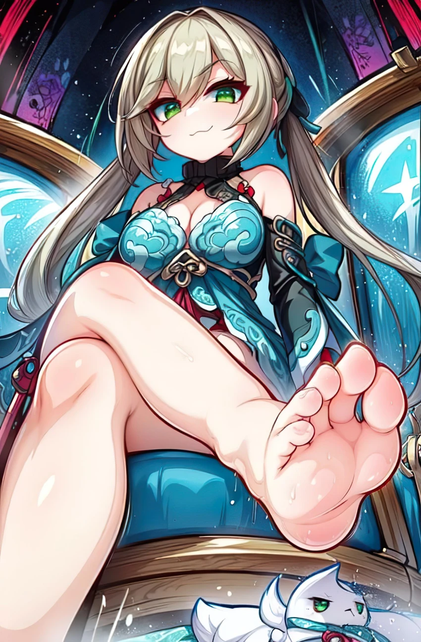 foopanthia, honkai: star rail, qingque (honkai: star rail), 1girls, 5 toes, alternate breast size, blush, brown hair, clothed, crossed legs, feet, female, female focus, female only, foot fetish, foot focus, foot play, foot tease, footwear, from below, green eyes, looking at viewer, looking down, sitting, smile, smug, sole female, soles, solo, solo female, solo focus, teasing, thick thighs, thighs, toes, twintails, ai generated