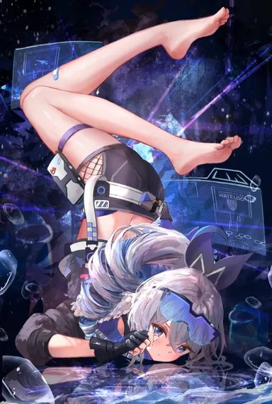 honkai (series), honkai: star rail, hoyoverse, mihoyo, silver wolf (honkai: star rail), barefoot, drill hair, expressionless, feet, feet up, female, fingerless gloves, gloves, grey eyes, grey hair, ponytail