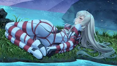 honkai (series), honkai: star rail, firefly (honkai: star rail), bondage, grass, laying down, long hair, night, plugsuit, restrained, tied up, water, white hair