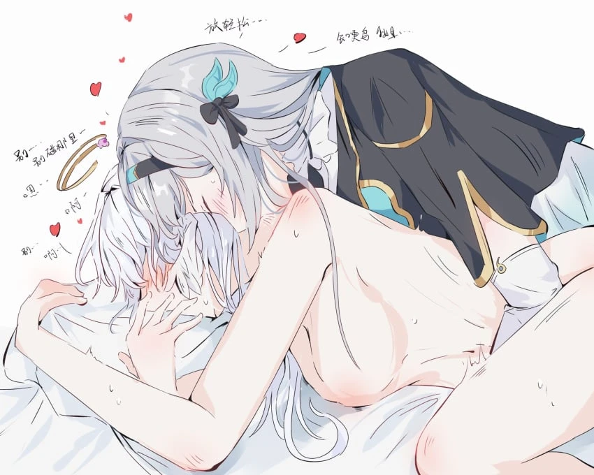 honkai (series), honkai: star rail, firefly (honkai: star rail), robin (honkai: star rail), 2girls, black hat, black jacket, closed eyes, clothed female nude female, collared shirt, detached sleeves, grey hair, hair ornament, hat, head wings, heart, implied fingering, jacket, kissing, kissing neck, long hair, long sleeves, multiple girls, nude, on bed, pillow, qingsi, sex, shirt, simple background, white background, white shirt, white wings, wings, yuri, highres