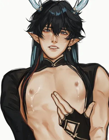 charluiu, honkai: star rail, dan heng, dan heng (imbibitor lunae), 1boy, black hair, blush, blushing, dragon, dragon horns, earring, elf ears, exposed nipples, exposed torso, gloves, handwear, horn, horns, lactating, lactation, long hair, looking at viewer, male, male focus, male only, nipples, solo, solo focus, solo male