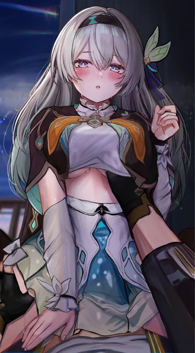 honkai: star rail, caelus (honkai: star rail), firefly (honkai: star rail), boob grab, grabbing, grabbing breasts, pov, sitting on lap, underboob