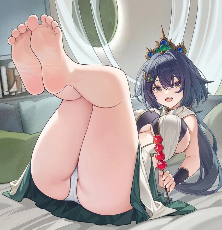 catsmoon, honkai: star rail, yunli (honkai: star rail), 1girls, barefoot, feet, feet up, food, foot fetish, holding food, huge ass, huge thighs, large breasts, looking at viewer, open mouth, panties, sideboob, smile, soles, tanghulu, thick thighs, toes, underboob, wide hips