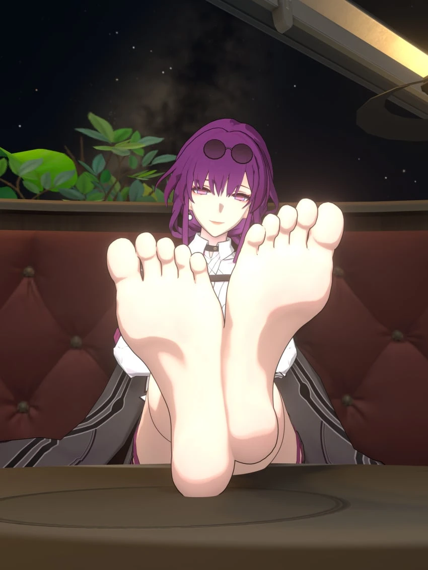 auxp, honkai: star rail, kafka (honkai: star rail), 1girls, 5 toes, bare soles, barefoot, ear piercing, earrings, feet, female, female only, one female, only female, pink hair, short hair, soles, solo, solo female, sunglasses, sunglasses on head, toes