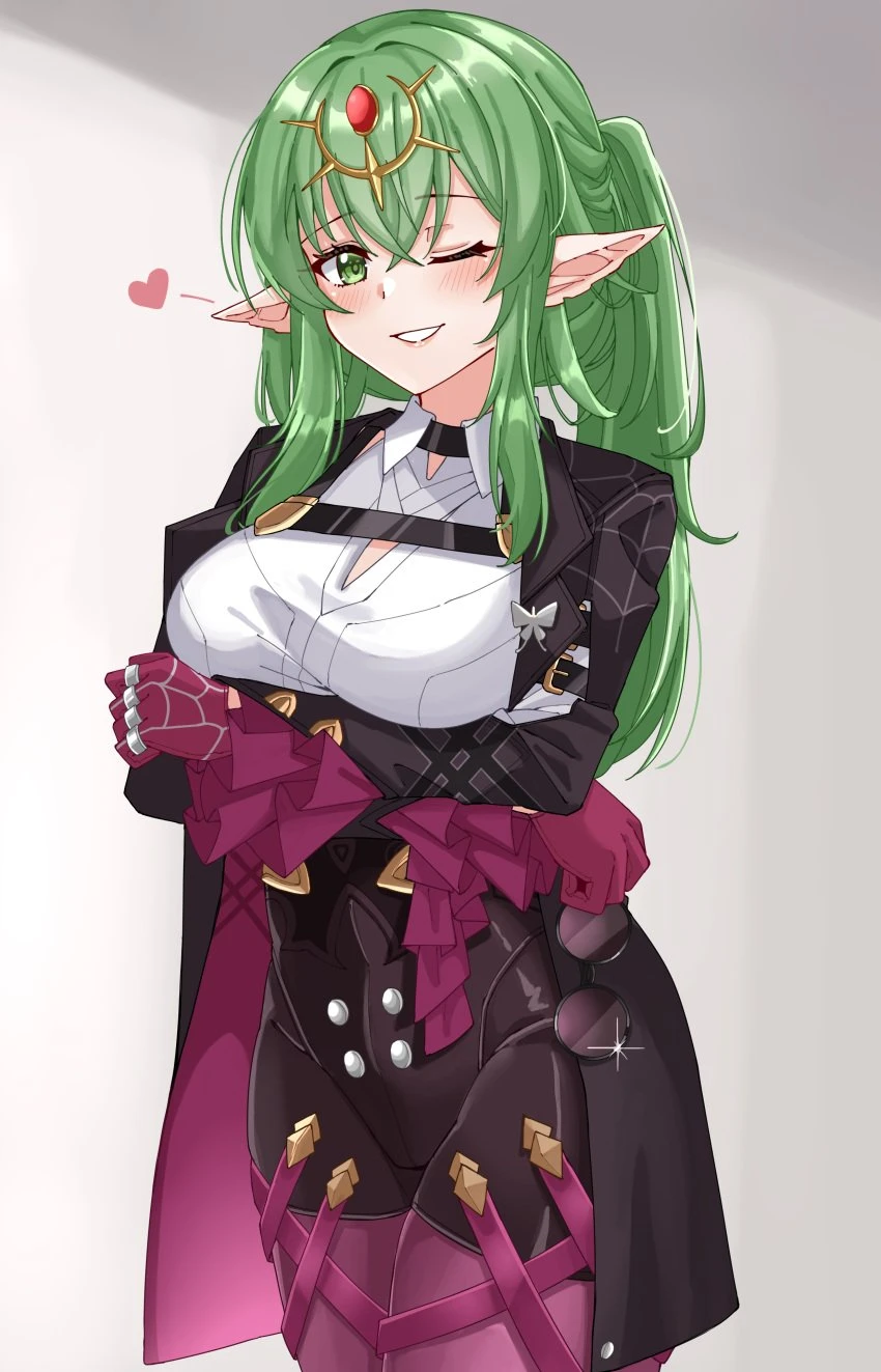 rynn (darknescorez), fire emblem, fire emblem awakening, honkai: star rail, nintendo, kafka (honkai: star rail) (cosplay), tiki (adult) (fire emblem), tiki (fire emblem), 1girls, cosplay, crossed arms, green eyes, green hair, large breasts, looking at viewer, one eye closed, wink