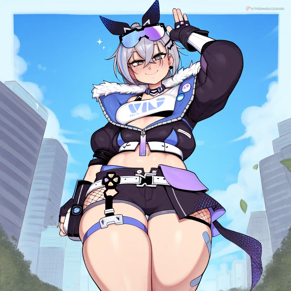 honkai: star rail, hoyoverse, silver wolf (honkai: star rail), 1girls, belly, crop top, drill ponytail, female, fingerless gloves, from behind, fur trim, gloves, hairbow, hips, jacket, long hair, looking at viewer, midriff, ponytail, shades, short shorts, silver eyes, silver hair, solo, sunglasses, thick thighs, thigh strap, thighs, ai generated, hi res, highres