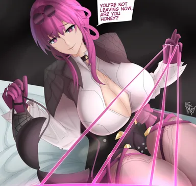 rashjudgement, honkai (series), honkai: star rail, hoyoverse, mihoyo, kafka (honkai: star rail), bed, boob window, bra, bra removed, breasts, cleavage, eyewear on head, female, gloves, glowing eyes, gradient background, holding bra, huge breasts, inviting, jacket, large breasts, mature, mature female, milf, pov, purple hair, restrained, restraints, rings, sheets, solo, solo focus, spider web print, steam, sunglasses on head, thick thighs, tights, unbuttoned, unbuttoned shirt, yandere, dialogue, dialogue box, signature, text bubble