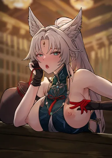 frozenspiderlily, honkai (series), honkai: star rail, mihoyo, feixiao (honkai: star rail), 1girls, animal ears, areolae, bare shoulders, blue eyes, blush, breasts, breasts out, clothing, clothing aside, drunk, ear piercing, exposed, exposed breasts, female, female only, forehead jewel, fox ears, fox girl, gloves, indoors, jewel, light skin, light-skinned female, looking at viewer, nipples, open mouth, piercing, ponytail, solo, solo female, white hair, hi res, highres