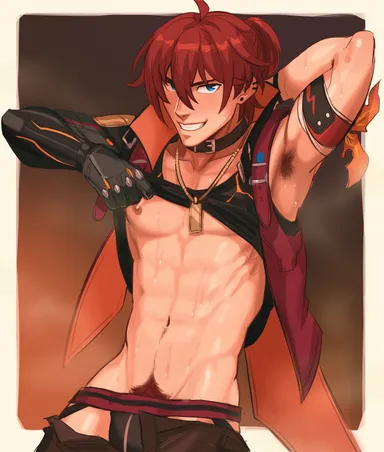 sombre slahc, honkai: star rail, luka (honkai: star rail), 1boy, abs, armpit hair, armpits, arms up, happy trail, jockstrap, male focus, male only, mechanical arm, missing tags, pubic hair, red hair, shirt lift, sweat, sweatdrop, sweating