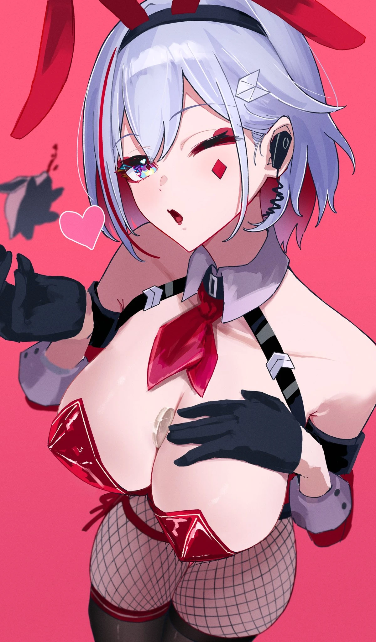 honkai (series), honkai: star rail, numby (honkai: star rail), topaz (honkai: star rail), alternate costume, animal ears, bare shoulders, between breasts, black gloves, black thighhighs, breasts, coin, collarbone, cowboy shot, detached collar, detached sleeves, earbuds, earphones, female, fishnet pantyhose, fishnets, from above, gloves, grey hair, hand on own chest, heart, large breasts, leotard, long sleeves, looking at viewer, low neckline, multicolored hair, necktie, object between breasts, one eye closed, open mouth, pantyhose, pink background, playboy bunny, rabbit ears, red leotard, red necktie, sanshoku dango (ahxf3842), short hair, skindentation, solo, strapless, strapless leotard, streaked hair, thighhighs, trotter (honkai: star rail), high-angle view, highres