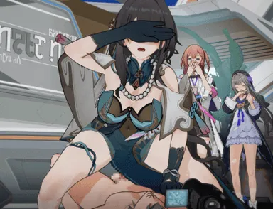 honkai (series), honkai: star rail, asta (honkai: star rail), caelus (honkai: star rail), herta (honkai: star rail), ruan mei (honkai: star rail), 1boy, 3girls, ahe gao, being recorded, being watched, black hair, blush, breasts, camera, covering face, cowgirl position, cum, cum in pussy, gloves, humiliation, jiggling breasts, naughty face, nipples, nude, nude male, orgasm, partially clothed, penetration, pleasure face, pubic hair, public indecency, public sex, pussy, sex, squirting, thigh strap, tongue out, animated