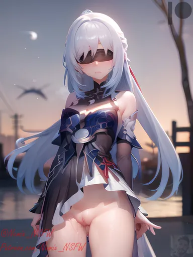 honkai (series), honkai: star rail, jingliu (honkai: star rail), blindfold, curvy, nsfw, pale skin, upskirt, white hair, ai generated