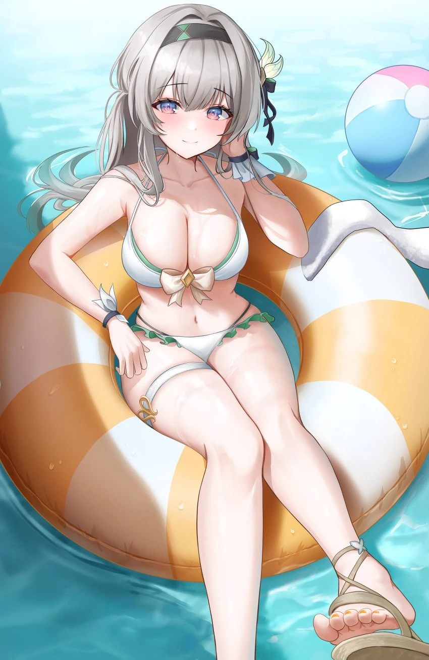 hini ni, honkai (series), honkai: star rail, firefly (honkai: star rail), alternate costume, ball, bare legs, bare shoulders, beach, beachball, bikini, black bow, black hairband, blue eyes, blush, bow, breasts, brown footwear, cleavage, collarbone, feet, female, foot out of frame, hair between eyes, hair intakes, hair ornament, hairband, hairbow, hand in own hair, holding, knees together feet apart, large breasts, legs, long hair, looking at viewer, nail polish, navel, orange eyes, sandals, sidelocks, smile, solo, stomach, swim ring, swimsuit, thigh strap, toenail polish, toenails, toes, two-tone eyes, water, wet, white bikini, white hair, wristband, yellow bow, yellow nails, yellow toenails, absurdres, highres