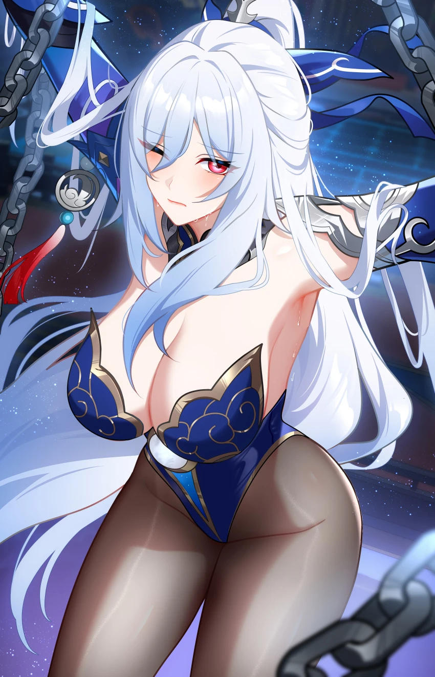 wu ganlan cai, honkai (series), honkai: star rail, jingliu (honkai: star rail), armpits, arms up, bare shoulders, blue leotard, blush, breasts, brown pantyhose, chains, cleavage, detached collar, detached sleeves, eyes visible through hair, female, gold trim, hair ornament, hair ribbon, highleg, highleg leotard, large breasts, leotard, long hair, looking at viewer, one eye closed, pantyhose, ponytail, red eyes, ribbon, solo, thighs, white hair, absurdres, highres