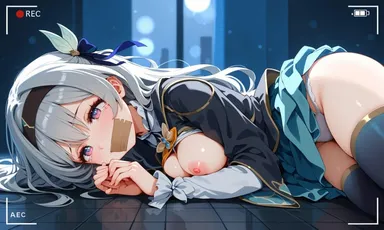 honkai: star rail, firefly (honkai: star rail), breasts out of clothes, gag, gagged, grey hair, laying on side, looking at viewer, mostly clothed, recording, tape gag, tearing up, ai generated