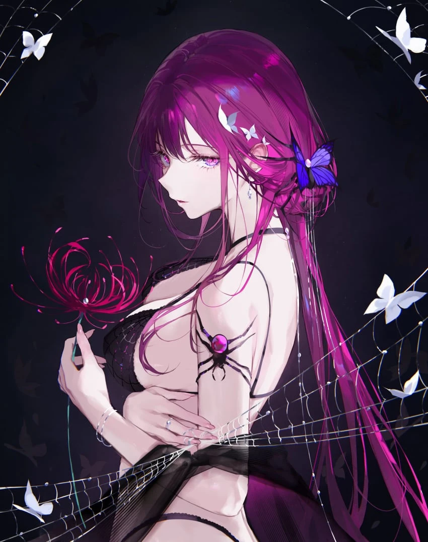 qiandaiyiyu, honkai (series), honkai: star rail, kafka (honkai: star rail), 1girls, alluring, black bra, black panties, black underwear, bra, butterfly, female, female focus, female only, flower, flower in hand, hair, hair ornament, large breasts, light skin, light-skinned female, long hair, looking at viewer, panties, purple eyes, purple hair, spider, web, tagme