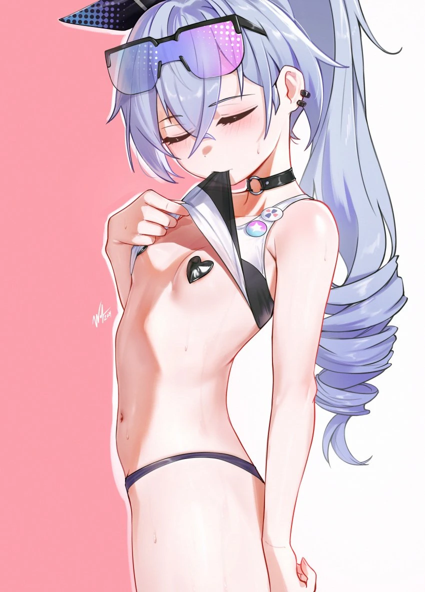 waligner, honkai (series), honkai: star rail, silver wolf (honkai: star rail), belly, belly button, bikini, biting lip, biting shirt, blushing, covered nipples, embarassed, female, female only, navel, petite, petite body, petite female, silver hair, small breasts, smaller female, solo, solo female, swimsuit, undressing, white hair