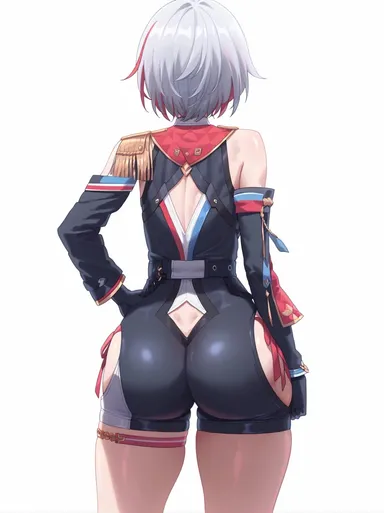 honkai: star rail, topaz (honkai: star rail), ass, ass focus, bare shoulders, dimples of venus, female, from behind, gloves, huge ass, leotard, multicolored hair, red hair, scarf, shiny, shiny clothes, shiny hair, shiny skin, short hair, short shorts, shorts, silver hair, solo, two-tone hair, ai generated