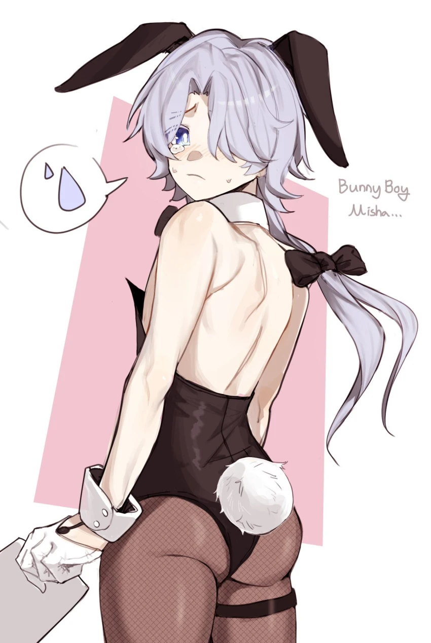 honkai: star rail, misha (honkai: star rail), ass, bubble butt, bunnysuit, embarrassed, femboy, looking at viewer, looking back, male, male only, thighs