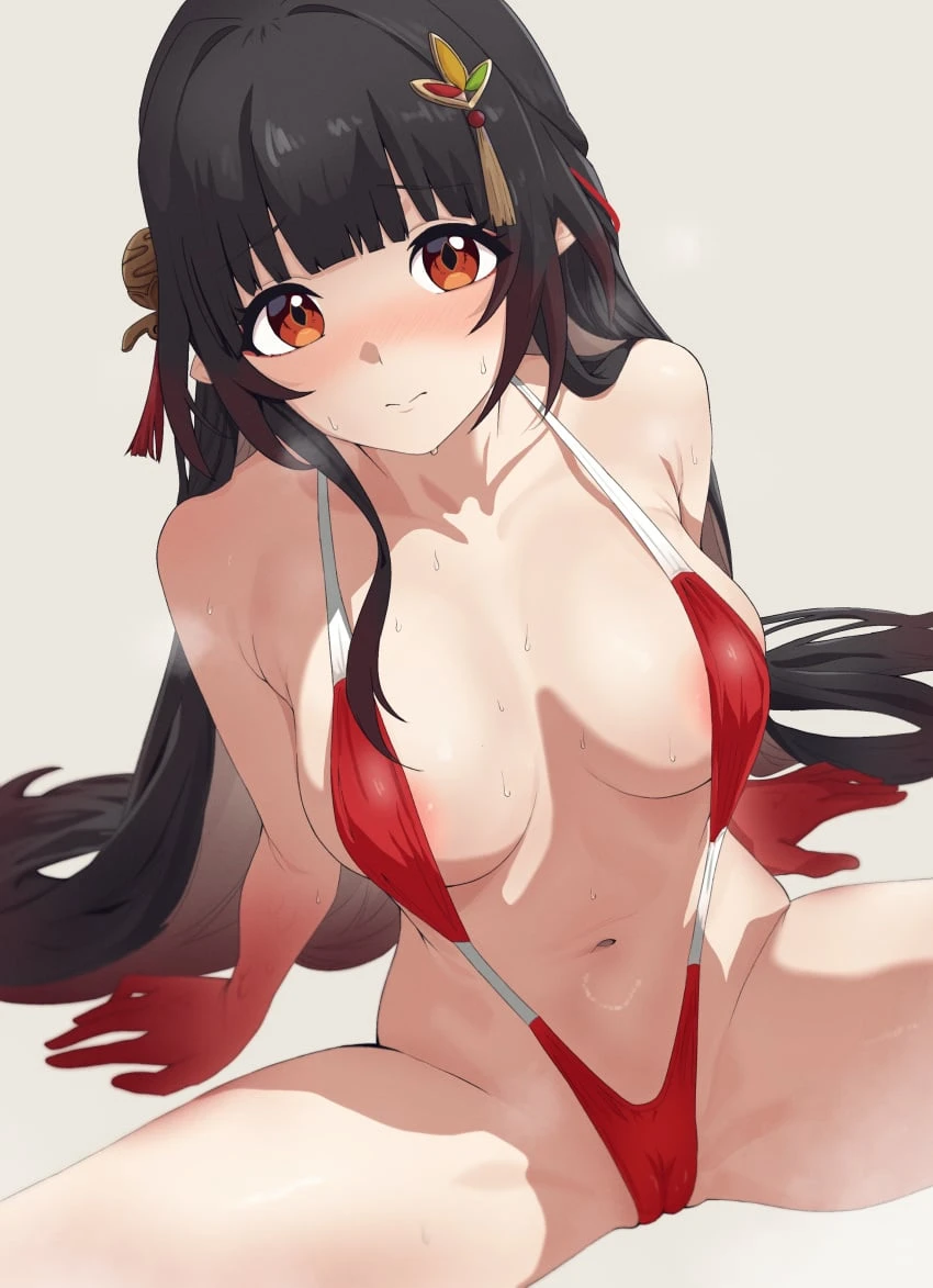 neinlol, honkai (series), honkai: star rail, lingsha (honkai: star rail), ahoge, areola slip, bare shoulders, bikini, blunt bangs, breasts, brown hair, cameltoe, closed mouth, colored extremities, female, hair ornament, large breasts, long hair, looking at viewer, navel, pointy ears, red eyes, solo, spread legs, sweat, swimsuit, very long hair, white background, absurdres, highres