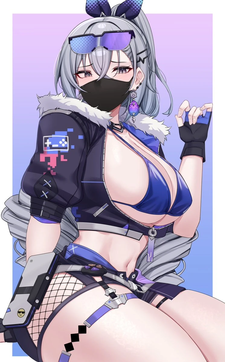 kanta (kanta 077), honkai (series), honkai: star rail, silver wolf (honkai: star rail), drawing, face mask, fellatio gesture, glasses on head, jacket, large breasts, mask, masked female, revealing clothes, shades above head, thick thighs, 2d