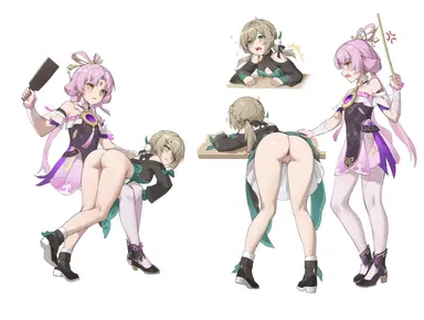 honkai (series), honkai: star rail, fu xuan (honkai: star rail), qingque (honkai: star rail), 2girls, amulet, anus, ass, attack of the hatogod, bent over, black footwear, blush, braid, breasts, brown eyes, brown hair, cane, cleft of venus, clenched hand, detached sleeves, dress, earrings, from behind, full body, green eyes, hair ornament, hand up, high heels, holding, holding cane, holding paddle, imminent spanking, jewelry, kneepits, long hair, medium hair, multiple girls, multiple views, open mouth, over the knee, paddle, pink hair, pussy, shoes, socks, sweater, teeth, white background, wide sleeves, absurdres, highres