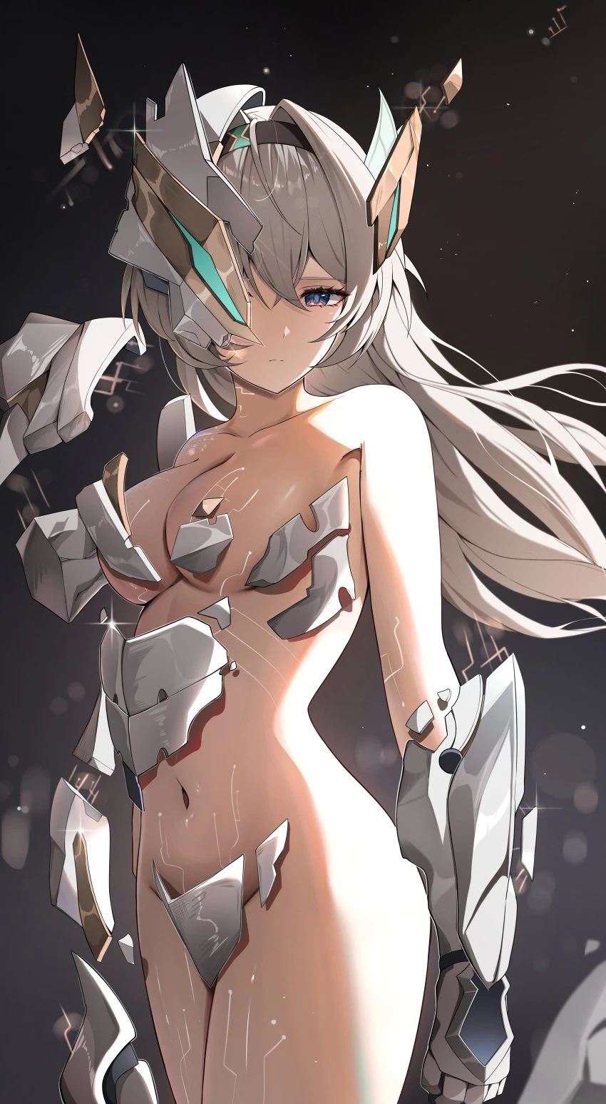 honkai: star rail, firefly (honkai: star rail), armor, broken armor, covered crotch, covered nipples, mask, medium breasts, obscured face, partially obscured face, robotic, robotic arm, tron lines, ai generated